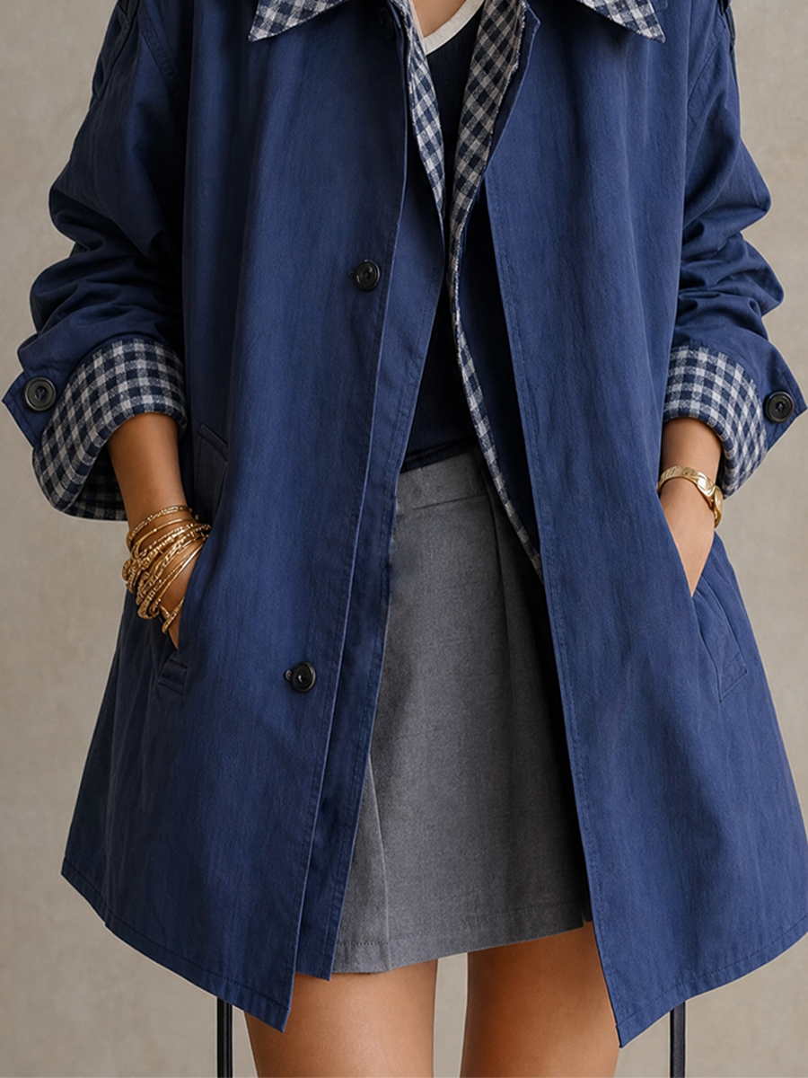 Coastal Utility Blue Gingham Collar Trench Coat