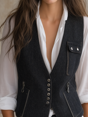 Effortless Chic Utility Denim Waistcoat Blouse