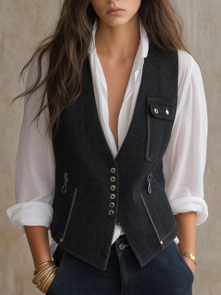 Effortless Chic Utility Denim Waistcoat Blouse