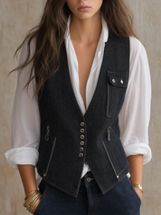 Effortless Chic Utility Denim Waistcoat Blouse