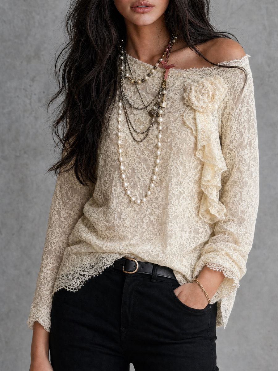 Vintage Boho Floral Appliqué Sheer Lace Top