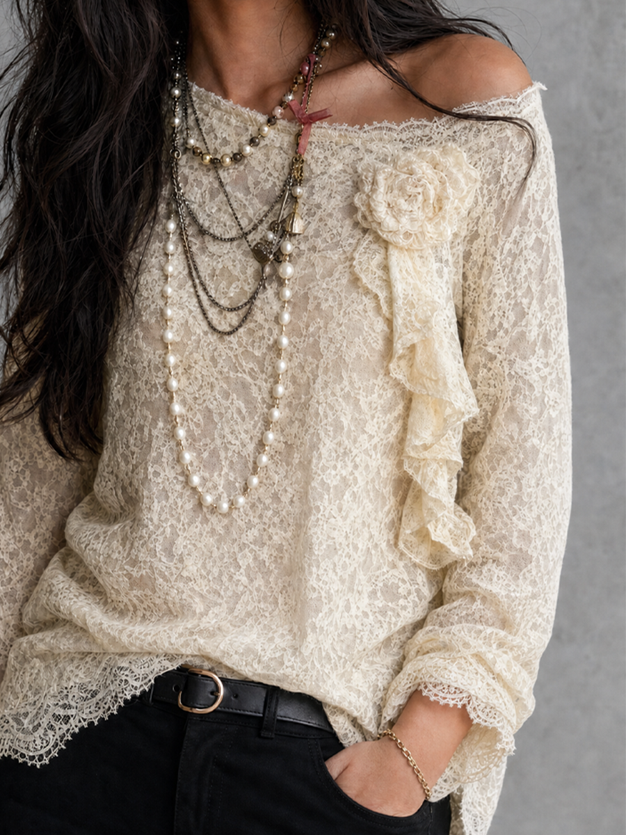 Vintage Boho Floral Appliqué Sheer Lace Top