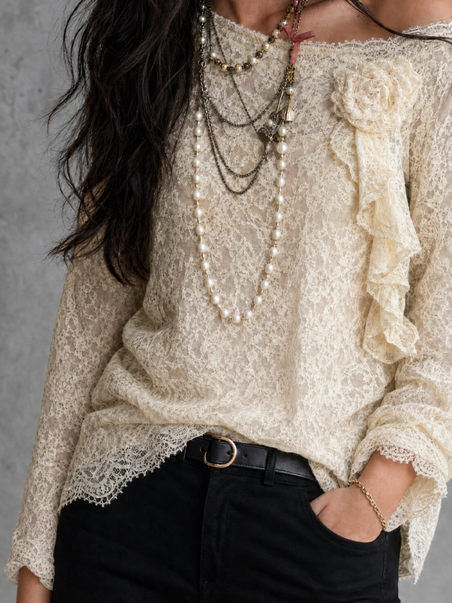 Vintage Boho Floral Appliqué Sheer Lace Top