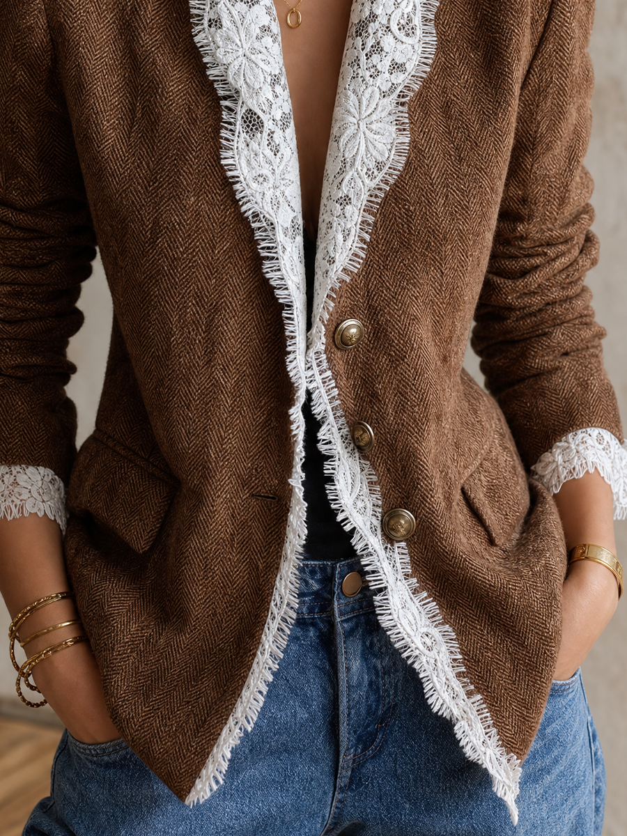 Romantic Luxe Lace Trim Herringbone Blazer