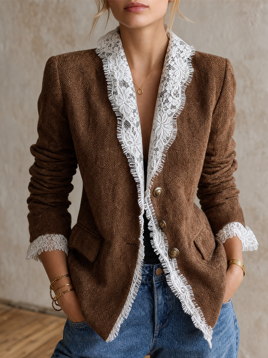 Romantic Luxe Lace Trim Herringbone Blazer