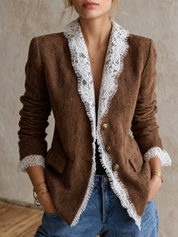 Romantic Luxe Lace Trim Herringbone Blazer