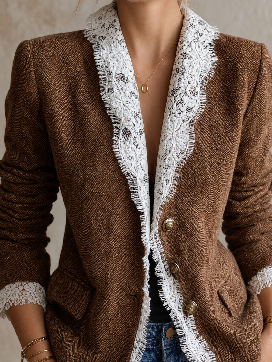Romantic Luxe Lace Trim Herringbone Blazer
