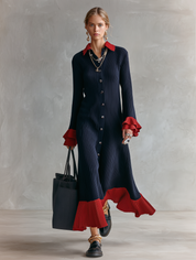 Retro Chic Soft Knit A-Line Midnight Navy Crimson Trim Shirt Maxi Dress