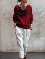 Modern Shimmer Knit Oversized-Fit Wine Red Cowl Neck Sweater