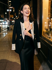 Romantic Black Lace-Trim Gold-Button Blazer