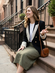 Romantic Black Lace-Trim Gold-Button Blazer