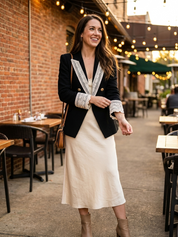Romantic Black Lace-Trim Gold-Button Blazer