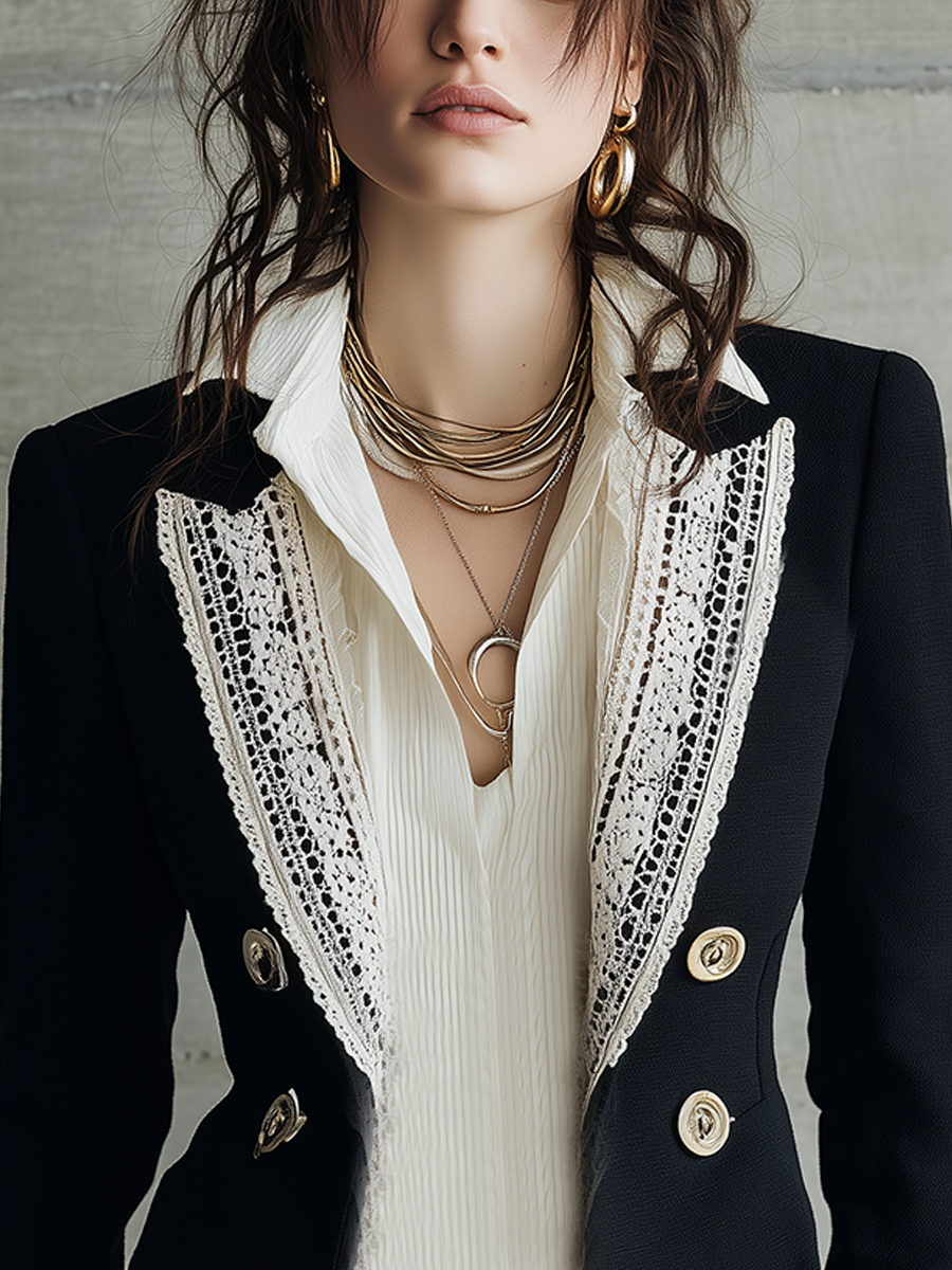 Romantic Black Lace-Trim Gold-Button Blazer
