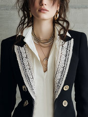 Romantic Black Lace-Trim Gold-Button Blazer