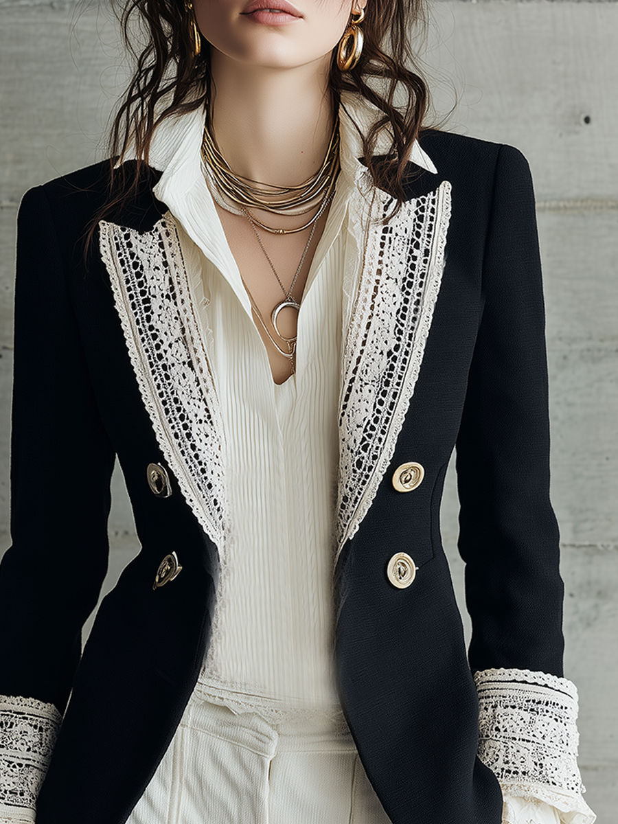 Romantic Black Lace-Trim Gold-Button Blazer