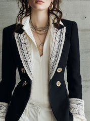 Romantic Black Lace-Trim Gold-Button Blazer