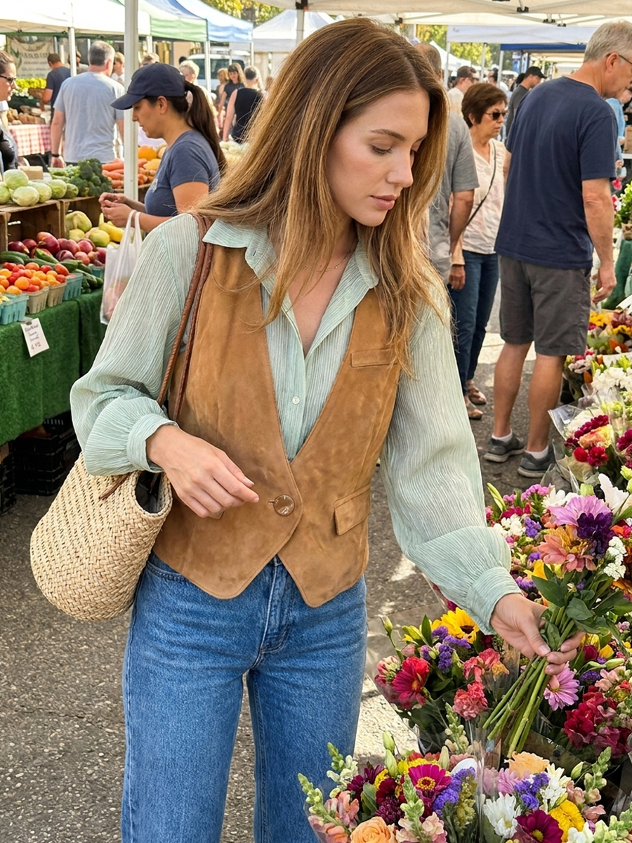 Camel Suede Vest And Mint Green Shirt Set