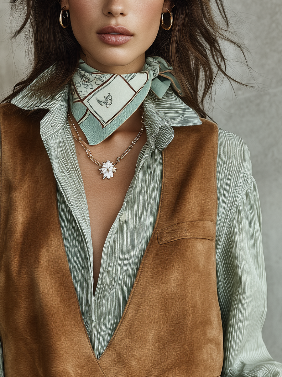 Camel Suede Vest And Mint Green Shirt Set