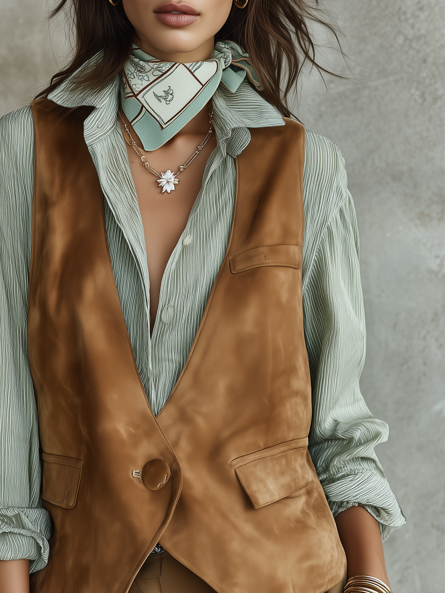 Camel Suede Vest And Mint Green Shirt Set