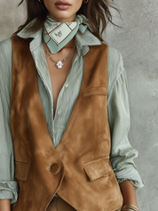 Camel Suede Vest And Mint Green Shirt Set