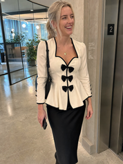 Ivory Contrast-Piping Bow-Front Peplum Jacket