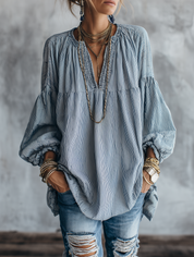 Striped V-Neck Lantern Sleeve Oversized Blouse
