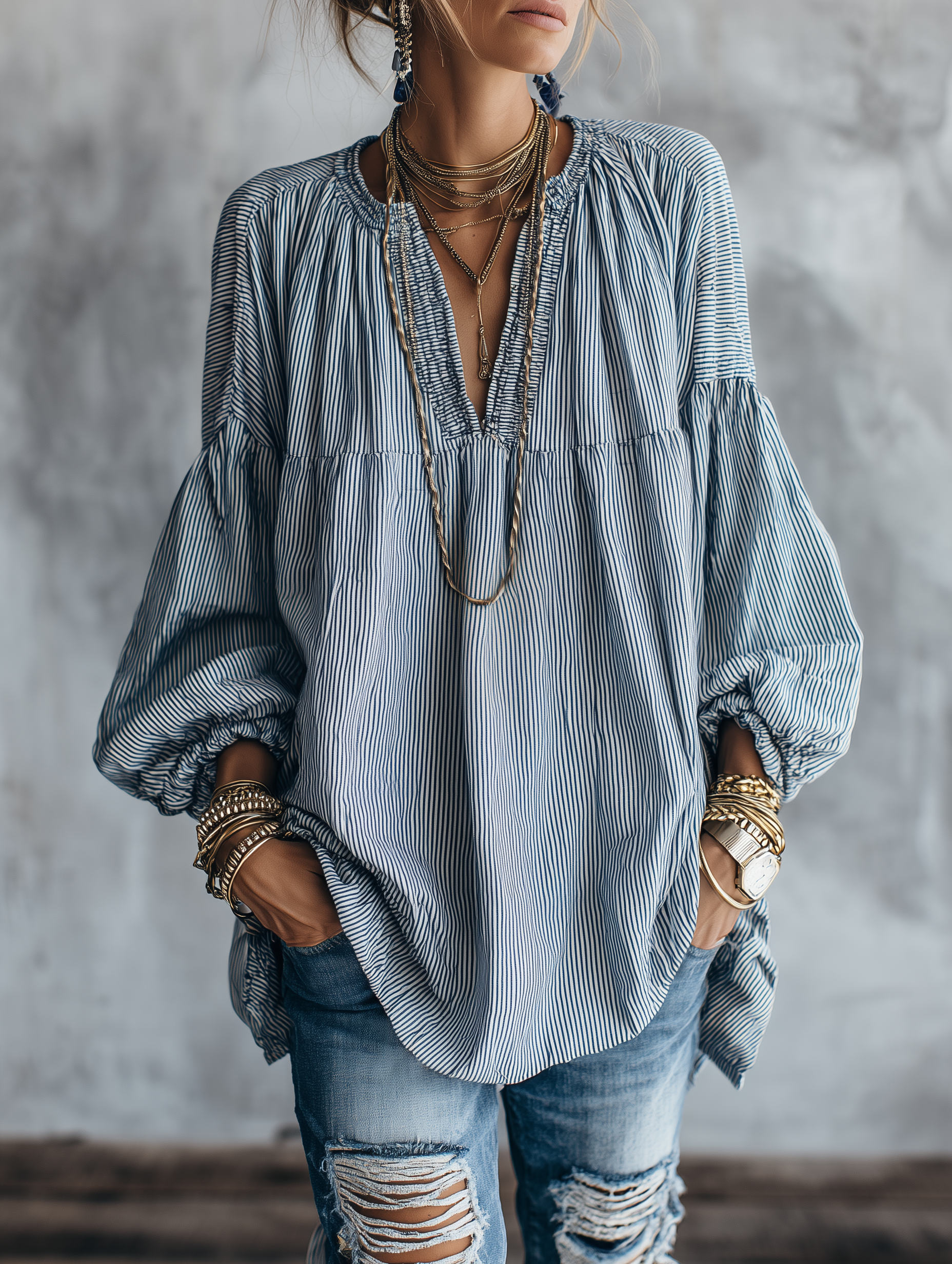 Striped V-Neck Lantern Sleeve Oversized Blouse
