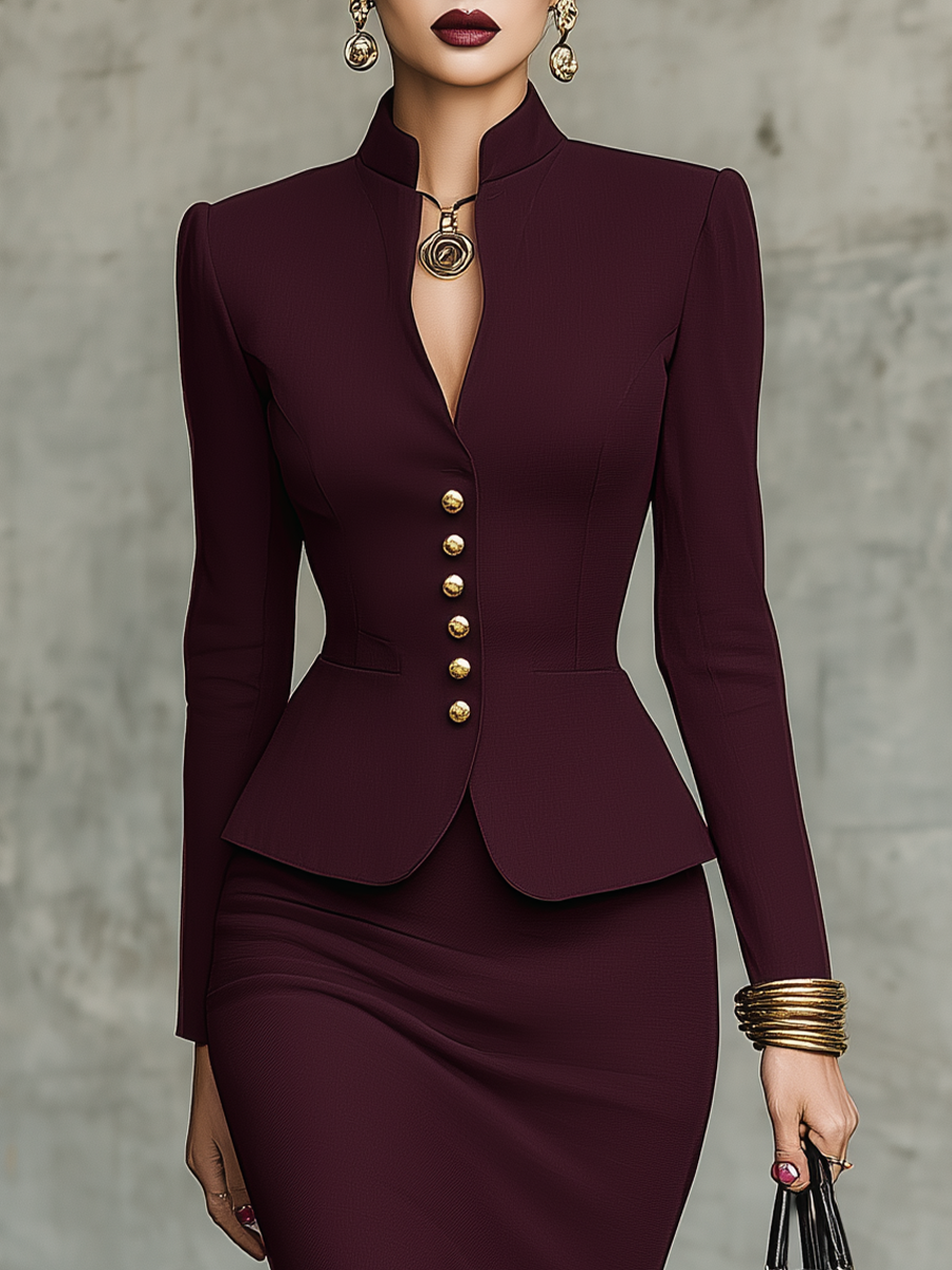 Burgundy Stand-Collar Gold-Button Peplum Maxi Skirt Set