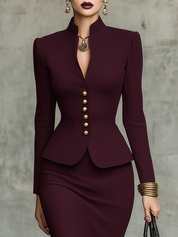 Burgundy Stand-Collar Gold-Button Peplum Maxi Skirt Set