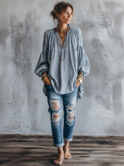 Striped V-Neck Lantern Sleeve Oversized Blouse