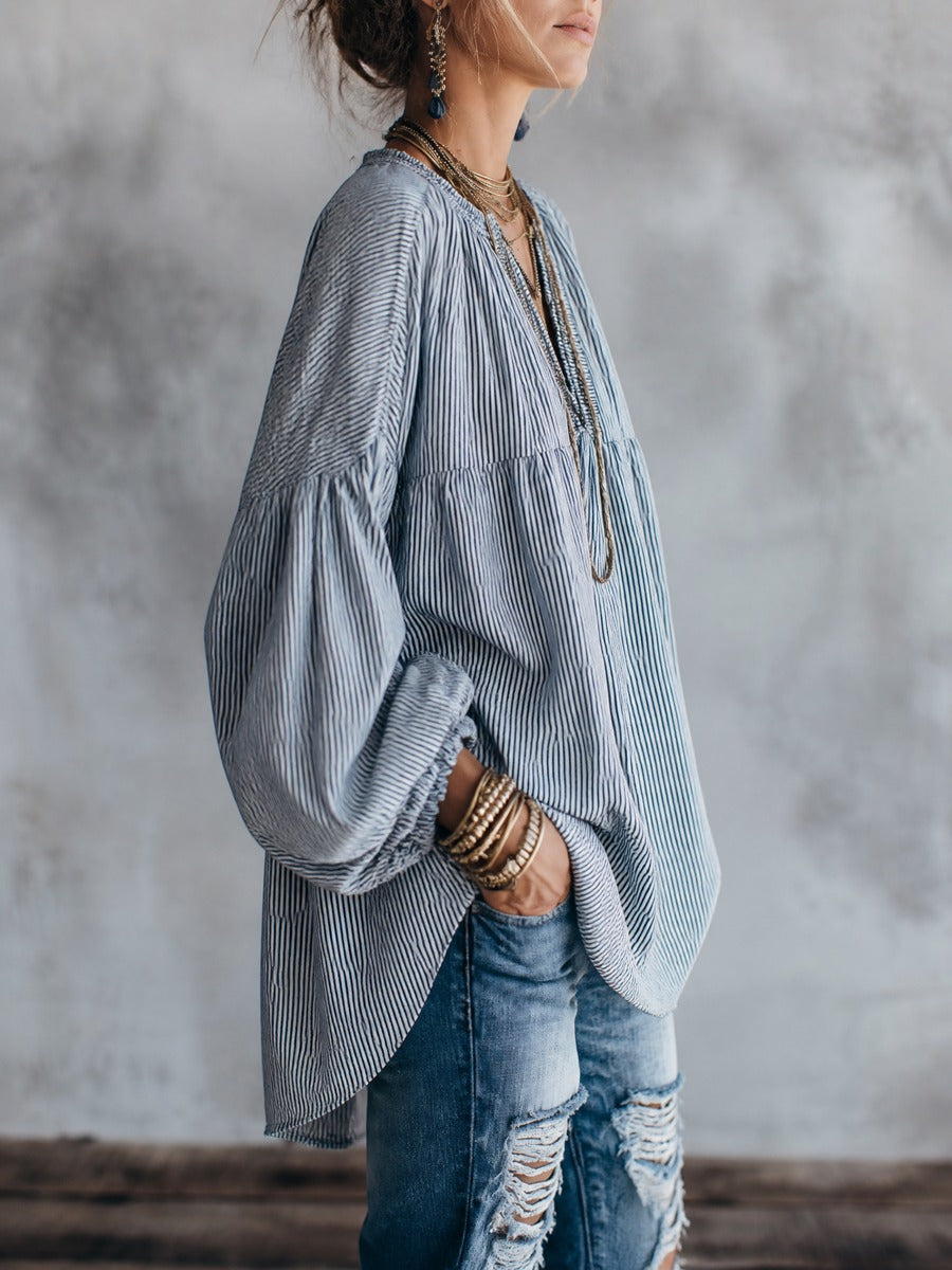 Striped V-Neck Lantern Sleeve Oversized Blouse
