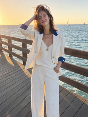 Modern Ivory Textured Blue Contrast Blazer