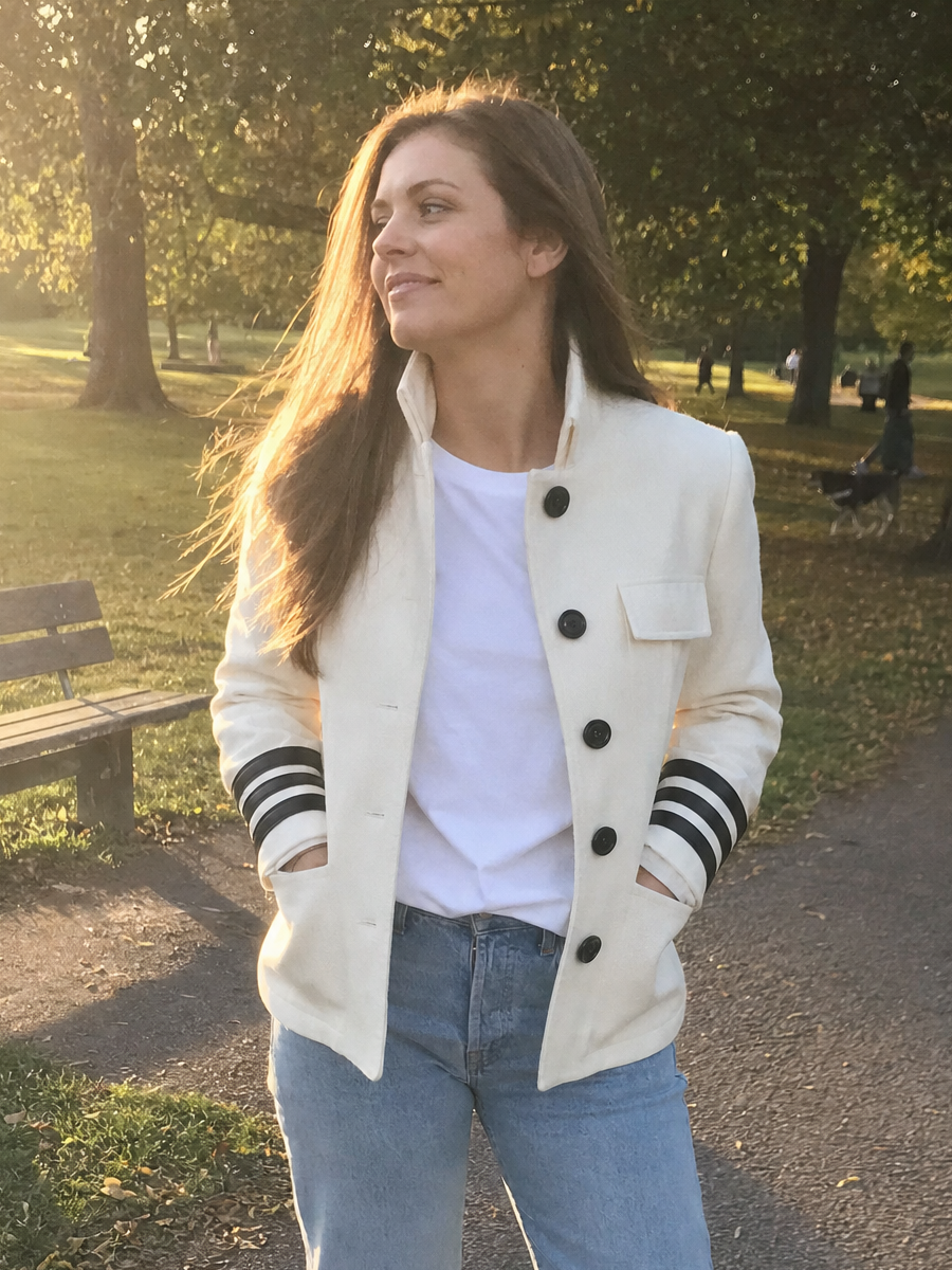 Modern Ivory Striped Cuff Suit Jacket