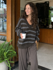 Chocolate Ribbed Knit Striped Sweater