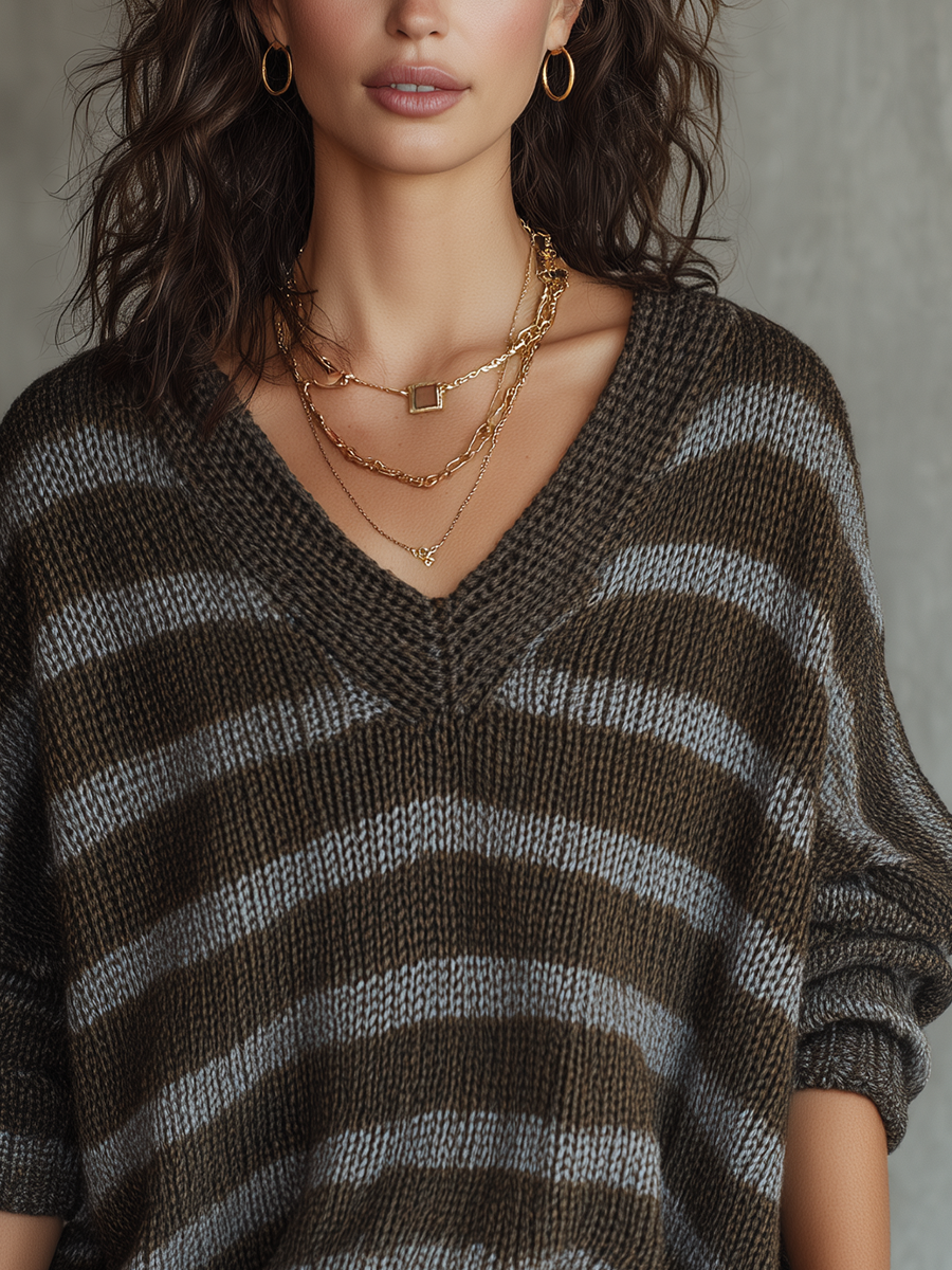 Chocolate Ribbed Knit Striped Sweater