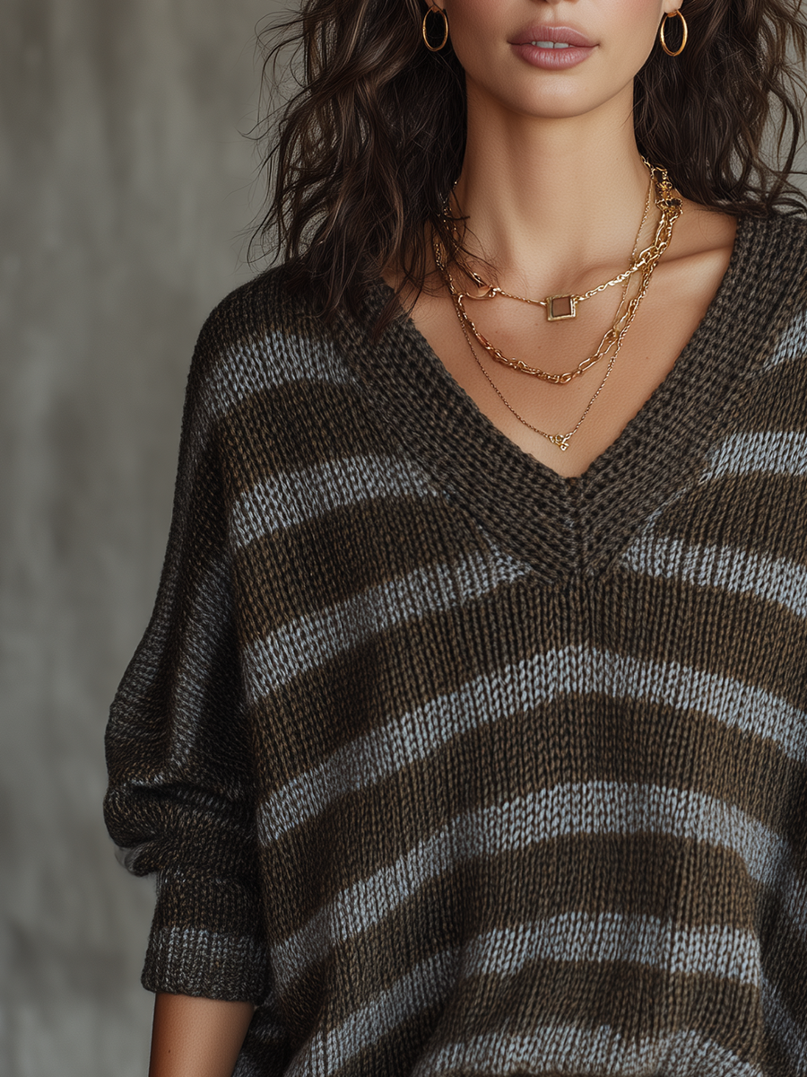 Chocolate Ribbed Knit Striped Sweater