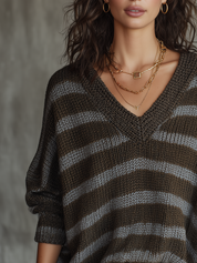 Chocolate Ribbed Knit Striped Sweater