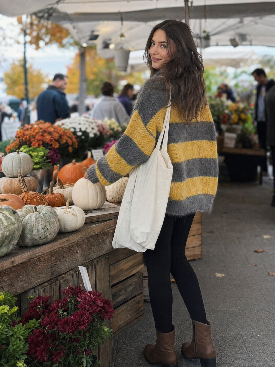 Relaxed Charcoal & Mustard Fuzzy Knit Striped Polo Sweater