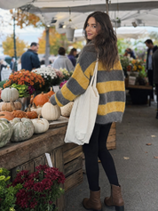 Relaxed Charcoal & Mustard Fuzzy Knit Striped Polo Sweater