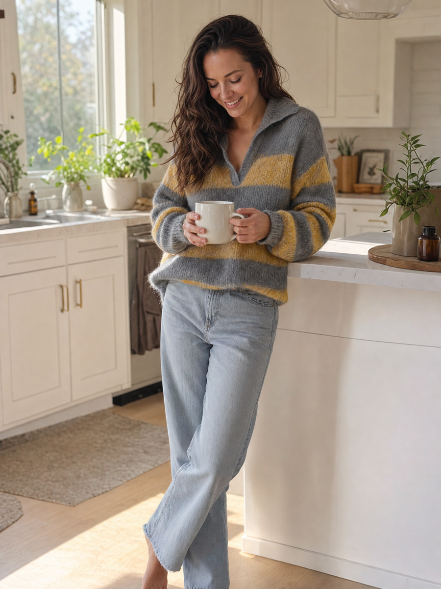 Relaxed Charcoal & Mustard Fuzzy Knit Striped Polo Sweater