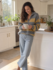 Relaxed Charcoal & Mustard Fuzzy Knit Striped Polo Sweater