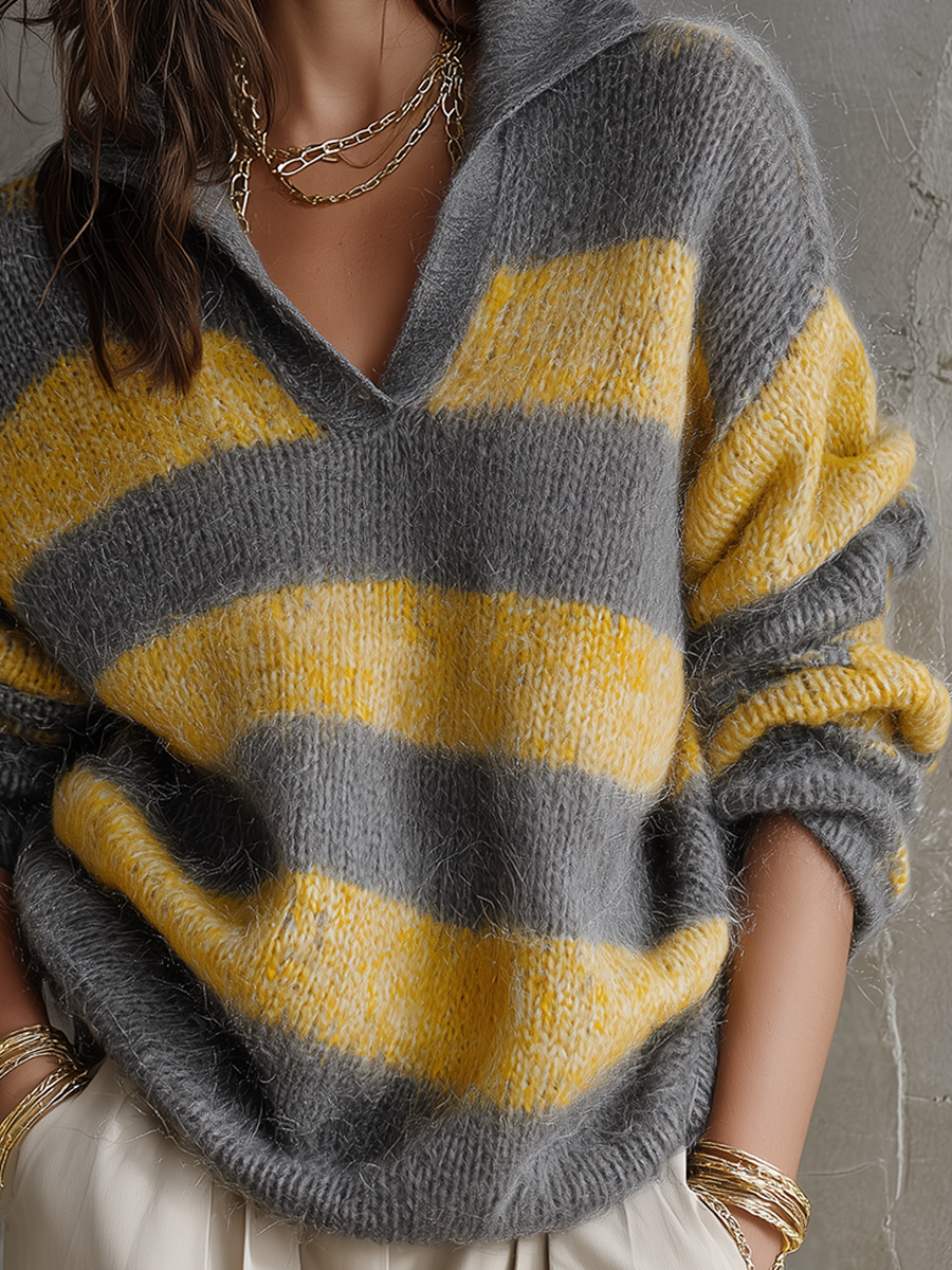 Relaxed Charcoal & Mustard Fuzzy Knit Striped Polo Sweater