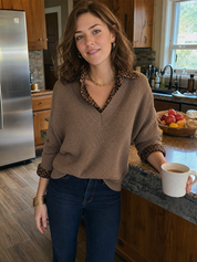Mocha Ribbed Knit Leopard-Collar V-Neck Sweater