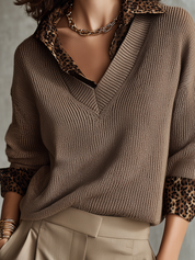 Mocha Ribbed Knit Leopard-Collar V-Neck Sweater