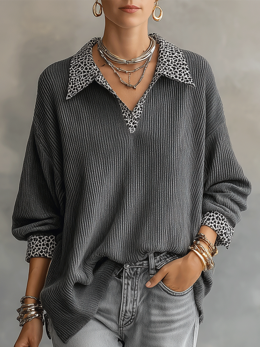 Leopard Print Collar Ribbed Knit Long Sleeve Sweater