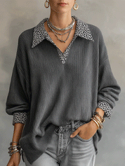 Leopard Print Collar Ribbed Knit Long Sleeve Sweater