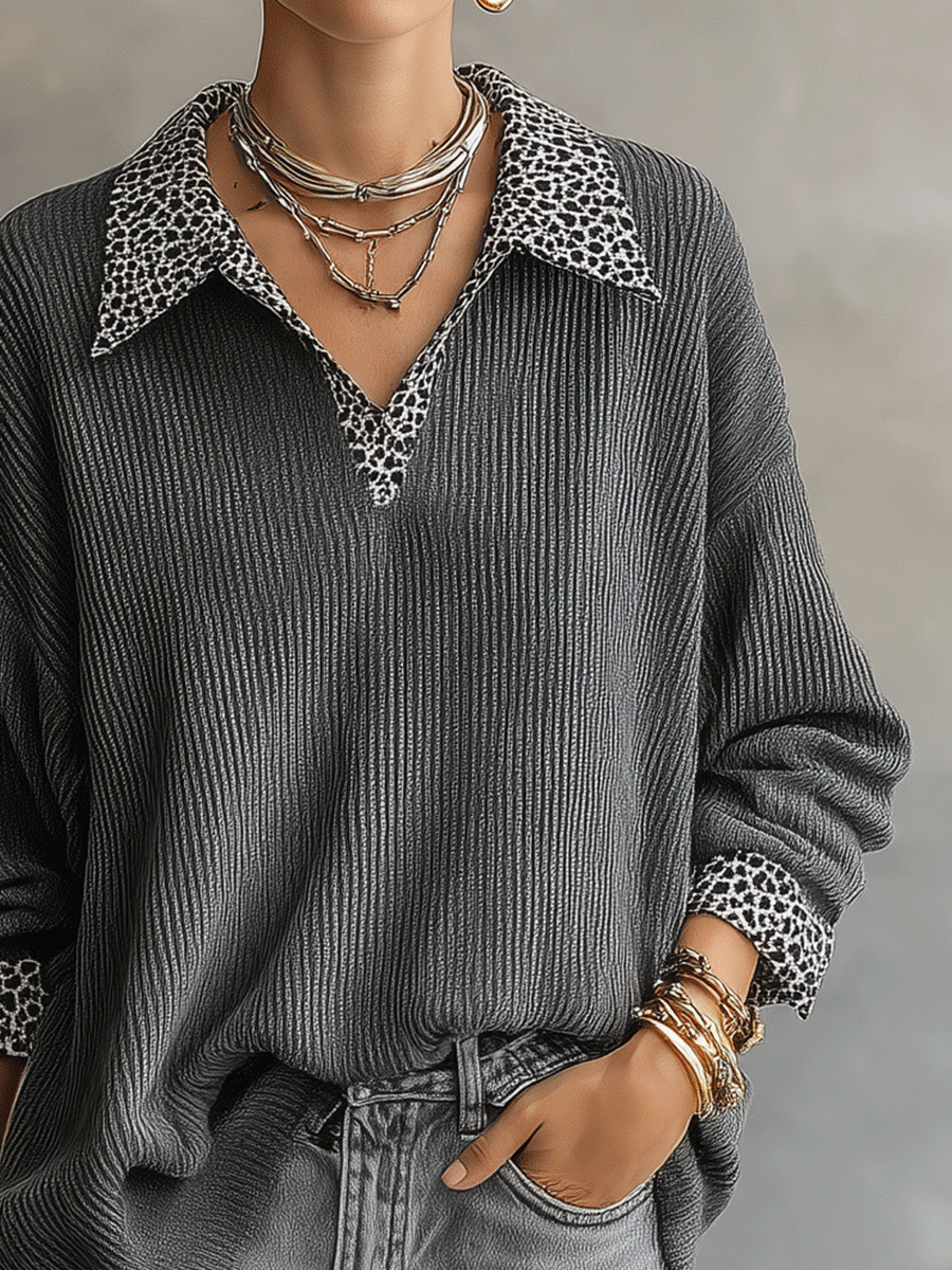 Leopard Print Collar Ribbed Knit Long Sleeve Sweater