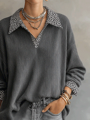 Leopard Print Collar Ribbed Knit Long Sleeve Sweater