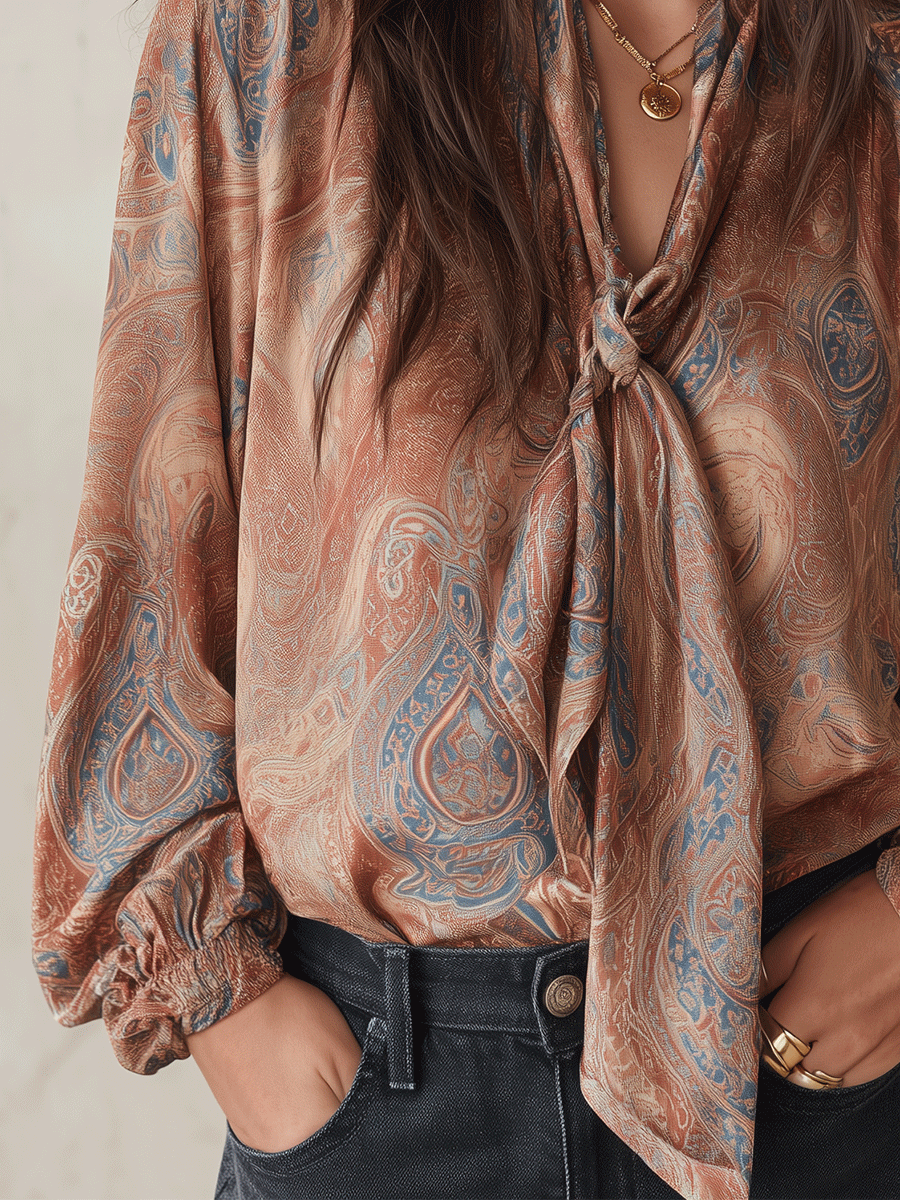 Women's Paisley Print Tie-Neck Long Sleeve Satin Blouse