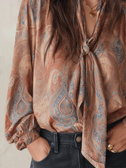 Women's Paisley Print Tie-Neck Long Sleeve Satin Blouse